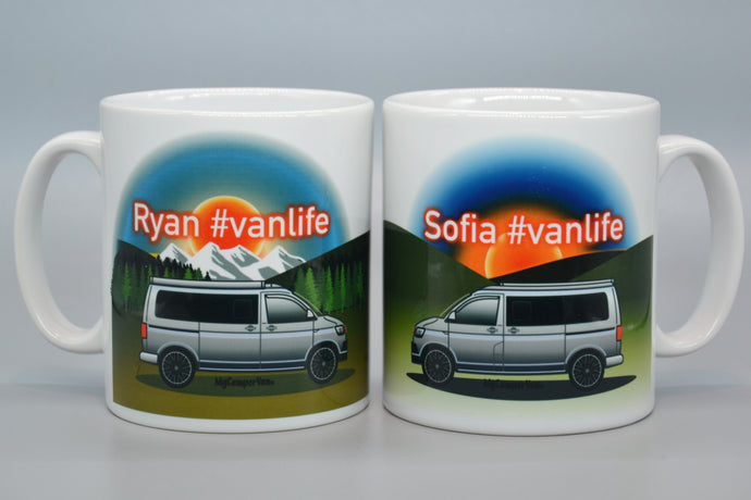 Custom design VW T6 mugs with mountains and sunset design vanlife campervan gifts Volkswagen Transporter
