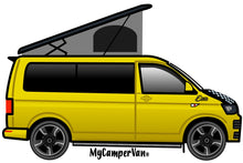 MyCamperVan custom design of a T6 camper in yellow with pop roof and decals